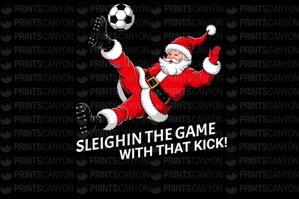Sleighin the Game with That Kick Christmas Soccer Santa T-Shirt Design