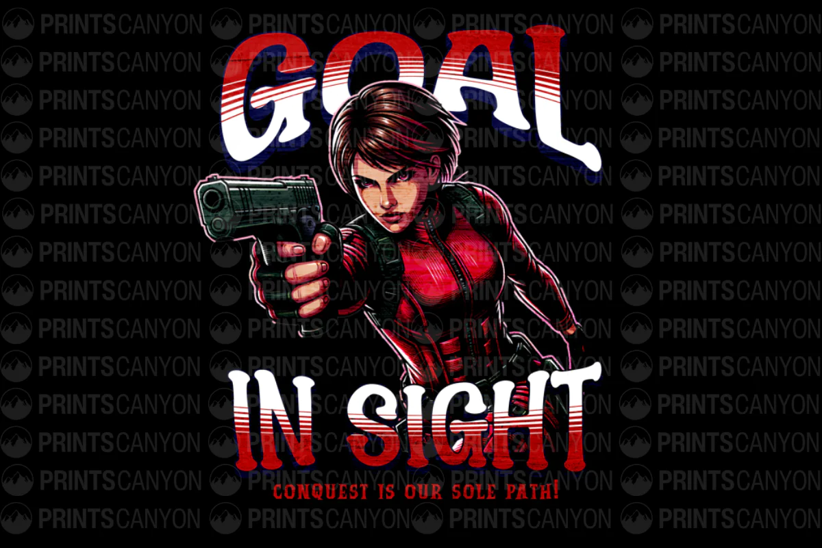 Goal in Sight T-Shirt Design Conquest is Our Sole Path Rueful Heroine with Gun Graphic