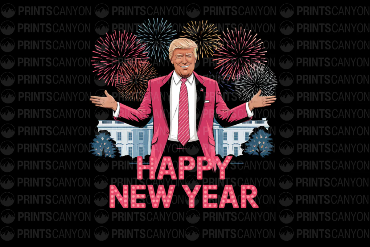 Happy New Year Celebration T-Shirt Design with Fireworks and Pink Suit Celebrate Style