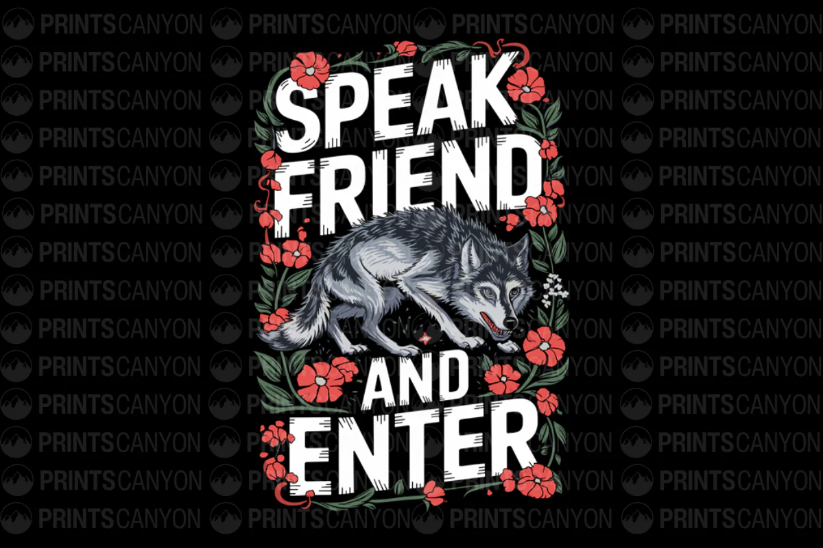 Speak Friend and Enter T-Shirt Design with Floral Wolf Illustration