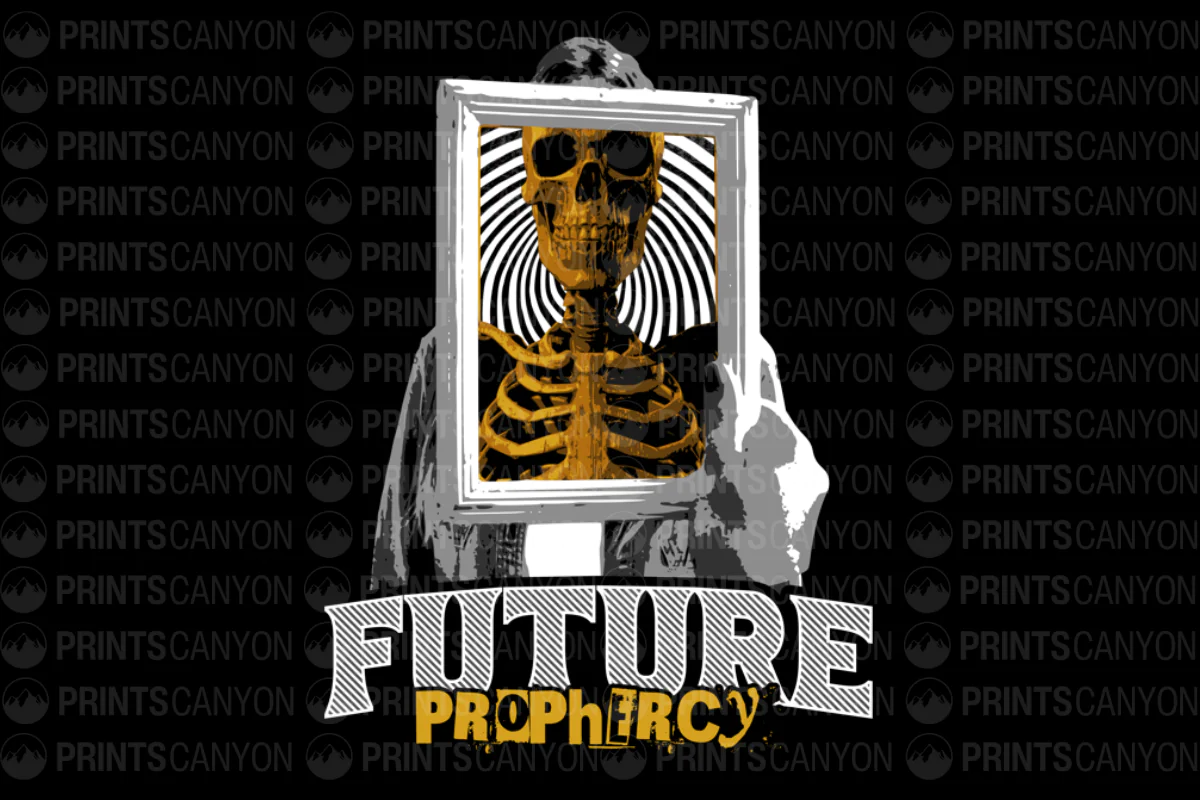Future Prophecy Graphic Tee Featuring a Spooky Skeleton Design