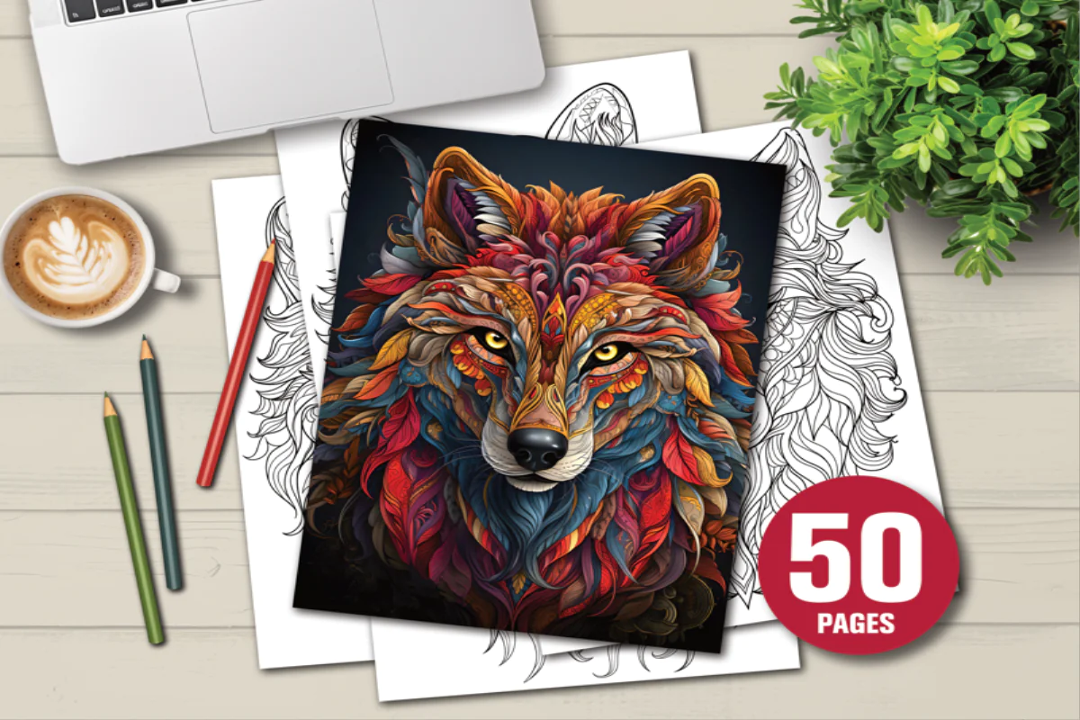 50 Pages of Intricate Mandala Wolfs Coloring Book for Relaxation and Creativity