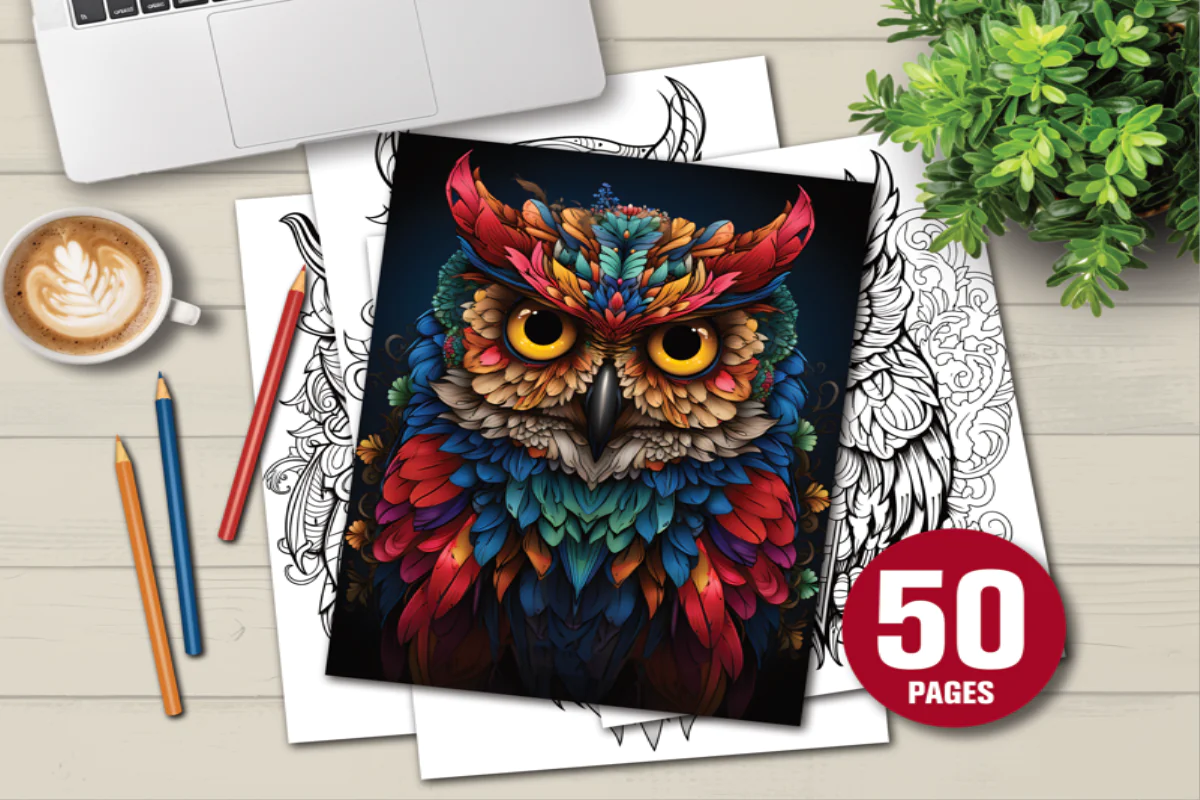 50 Page Owl Coloring Book for Relaxation and Creativity