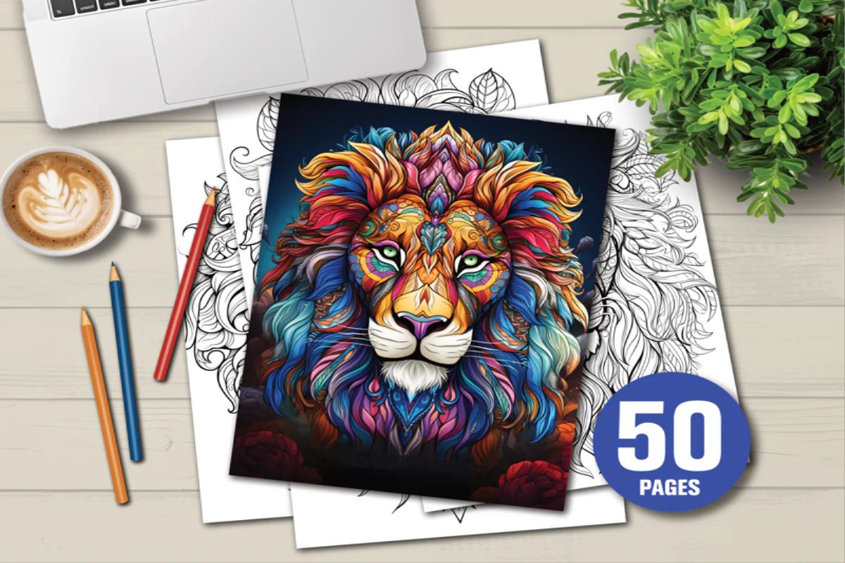 50 Page Coloring Book Featuring Mandala Lions Designs for Relaxation and Creativity