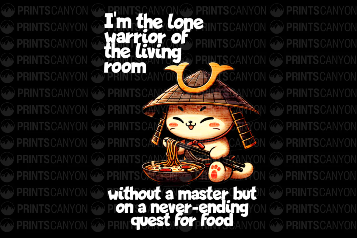 Lone Warrior of the Living Room T-shirt Design Quest for Food Funny Cat Theme