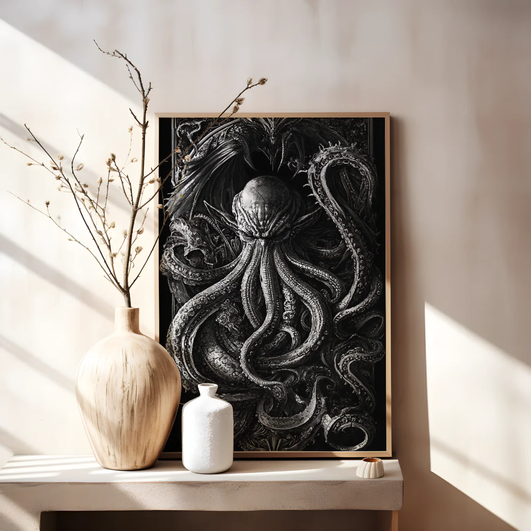Monochrome Cthulhu Wall Art for Unique Home Decor and Aesthetic Statement