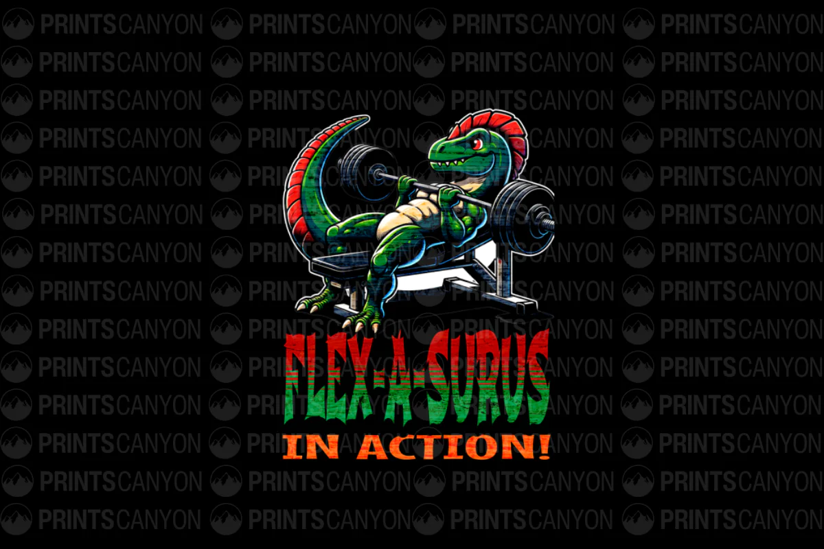 Funny Flexing Dinosaur T-Shirt Design - Flex-A-Saurus in Action Workout Theme