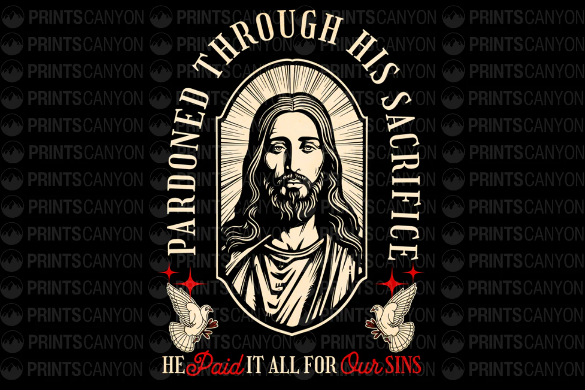 Pardoned Through His Sacrifice T-Shirt Design Christian Faith Graphic Print