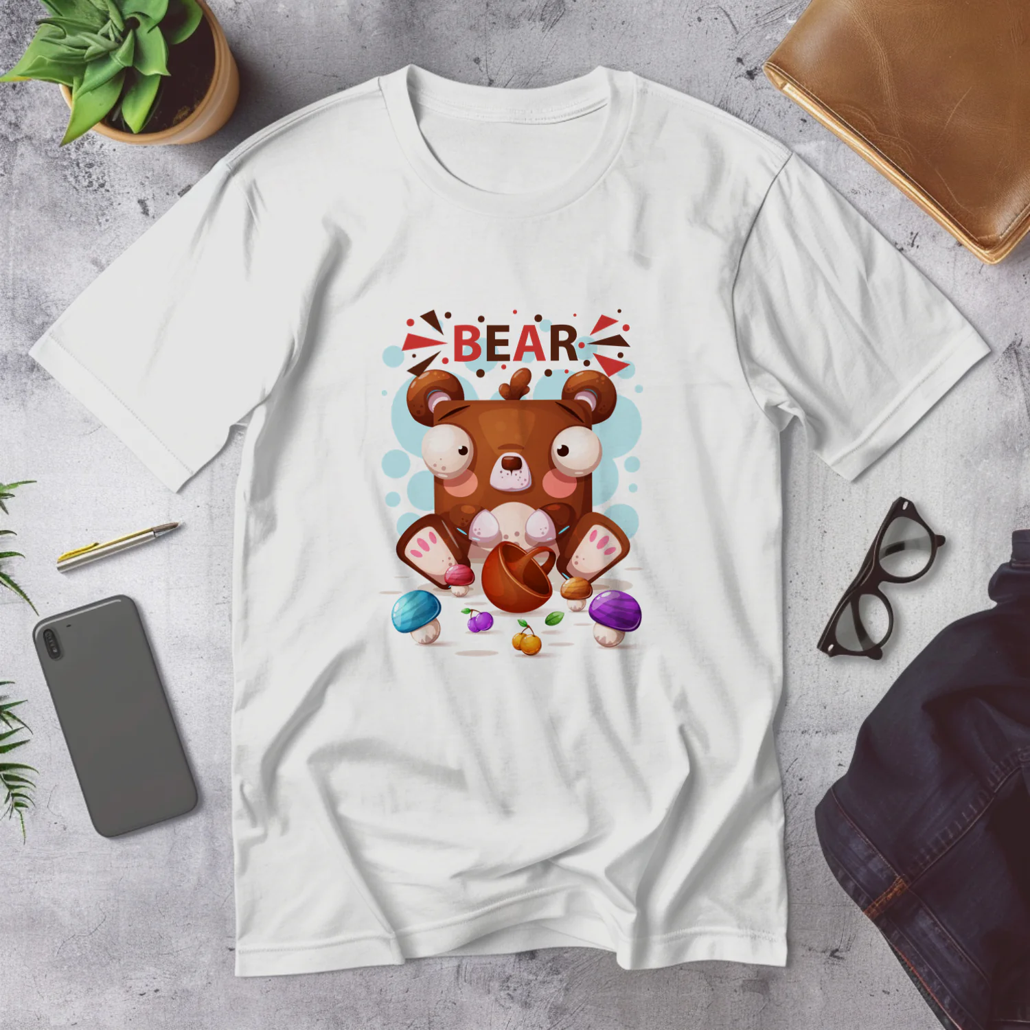 Cute Cartoon Bear with Colorful Mushrooms and Fruits for Kids' Room Decor