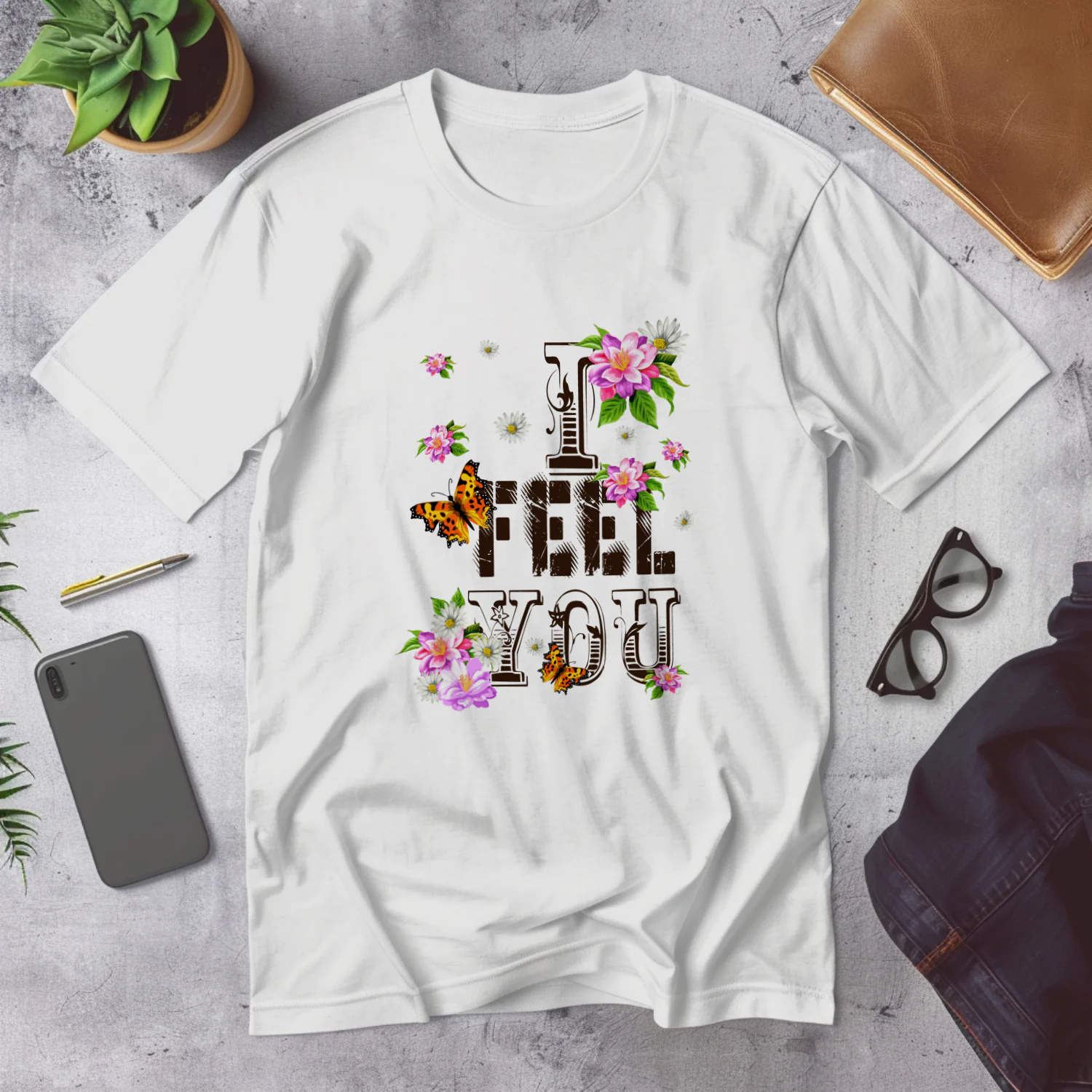 I Feel You Floral Art Print with Butterflies and Daisies
