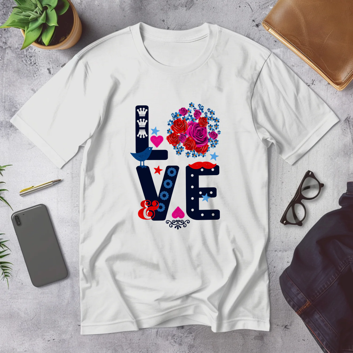 Colorful Love Lettering with Floral Design and Whimsical Elements
