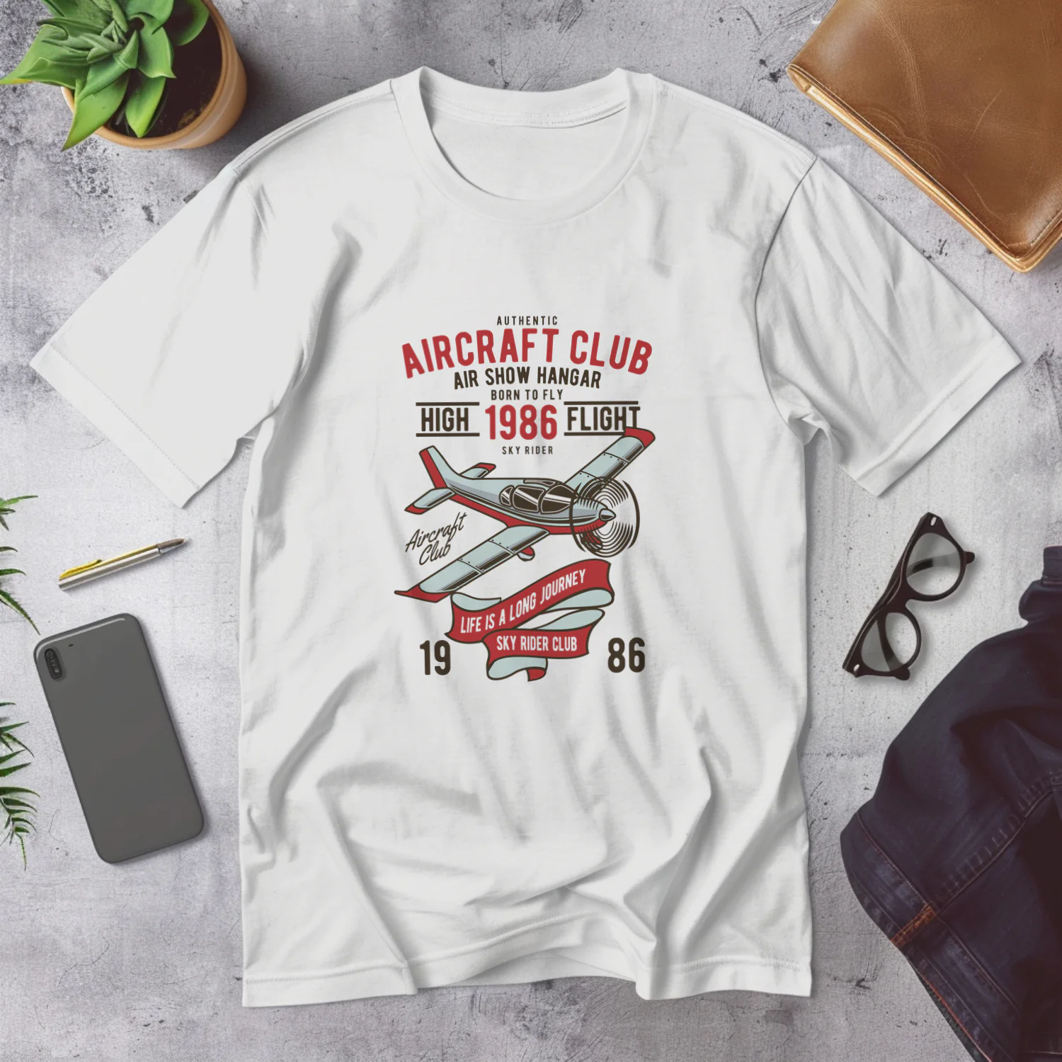 Authentic Aircraft Club Sky Rider Vintage Hangar T-Shirt 1986 Life is a Long Journey Design