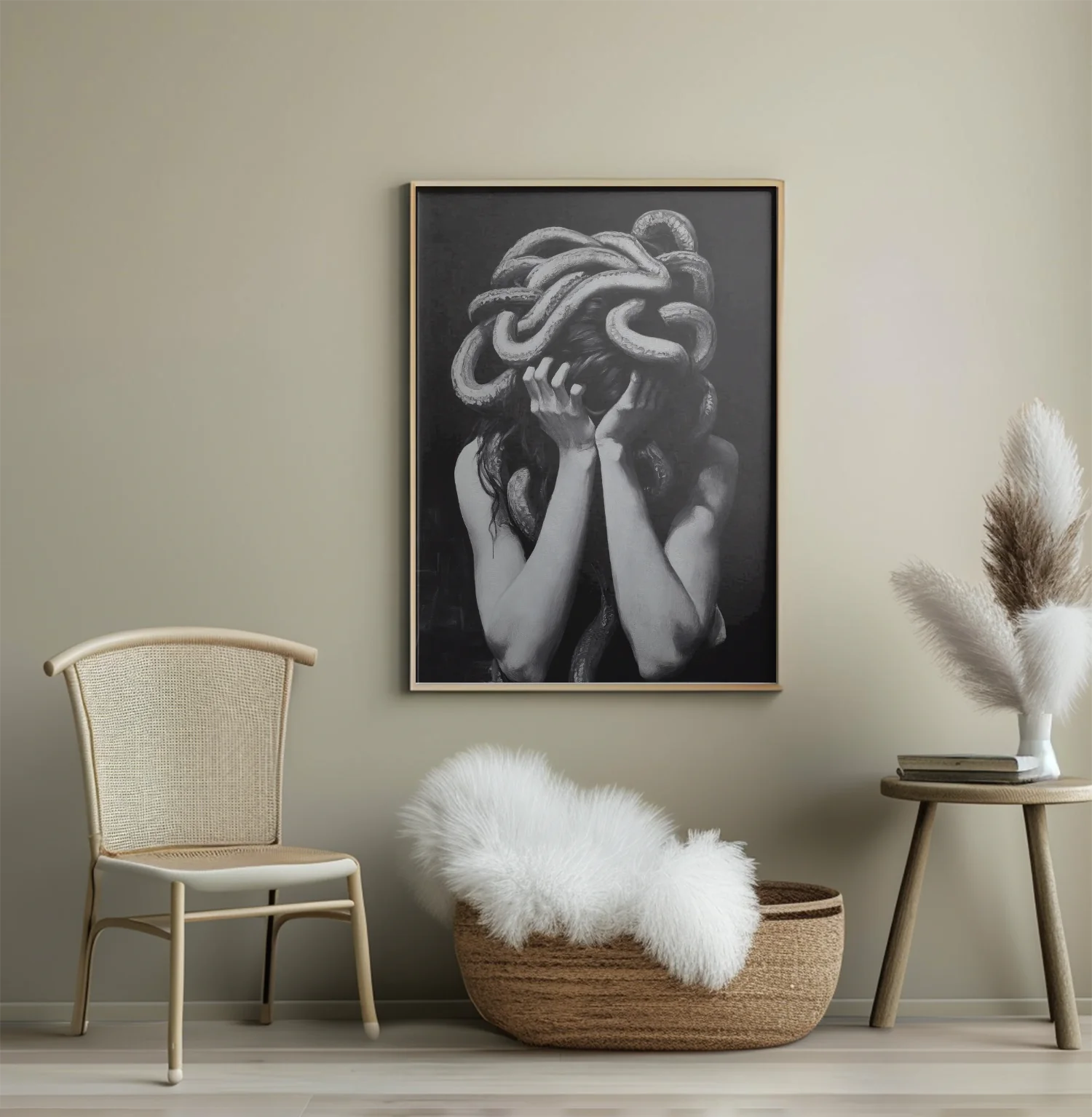 Striking Black and White Art Print Featuring Medusa and Mythological Elements