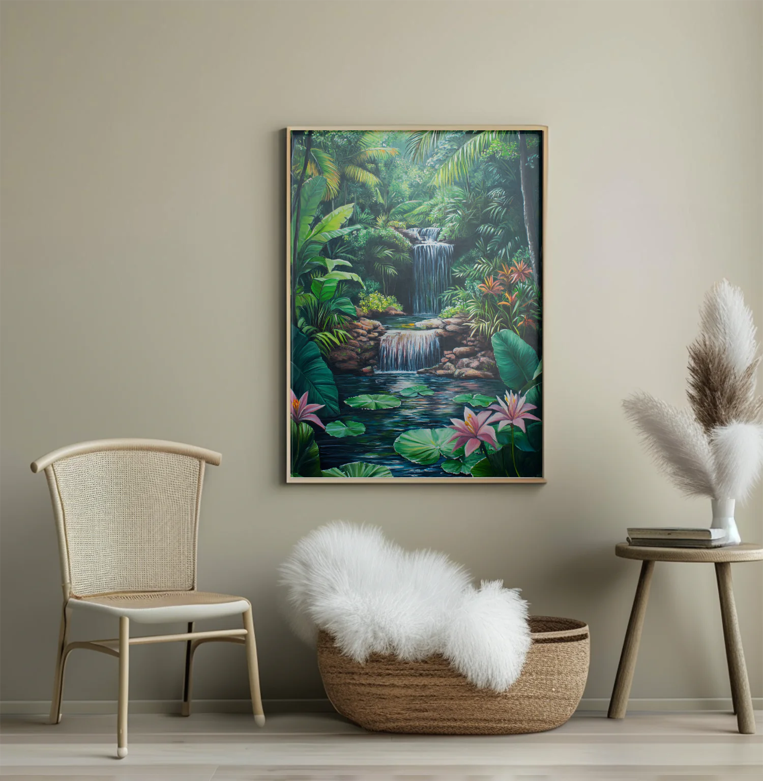 Tropical Oasis Waterfall Painting - Lush Greenery and Serene Pond Decor for Your Home