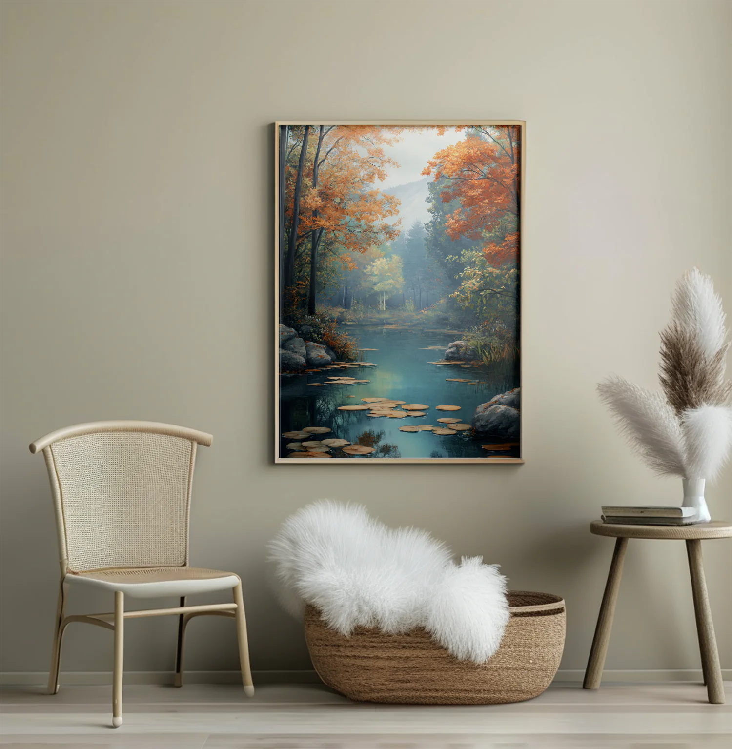Serene Autumn Oasis: Tranquil Waters and Vibrant Foliage in Nature's Embrace