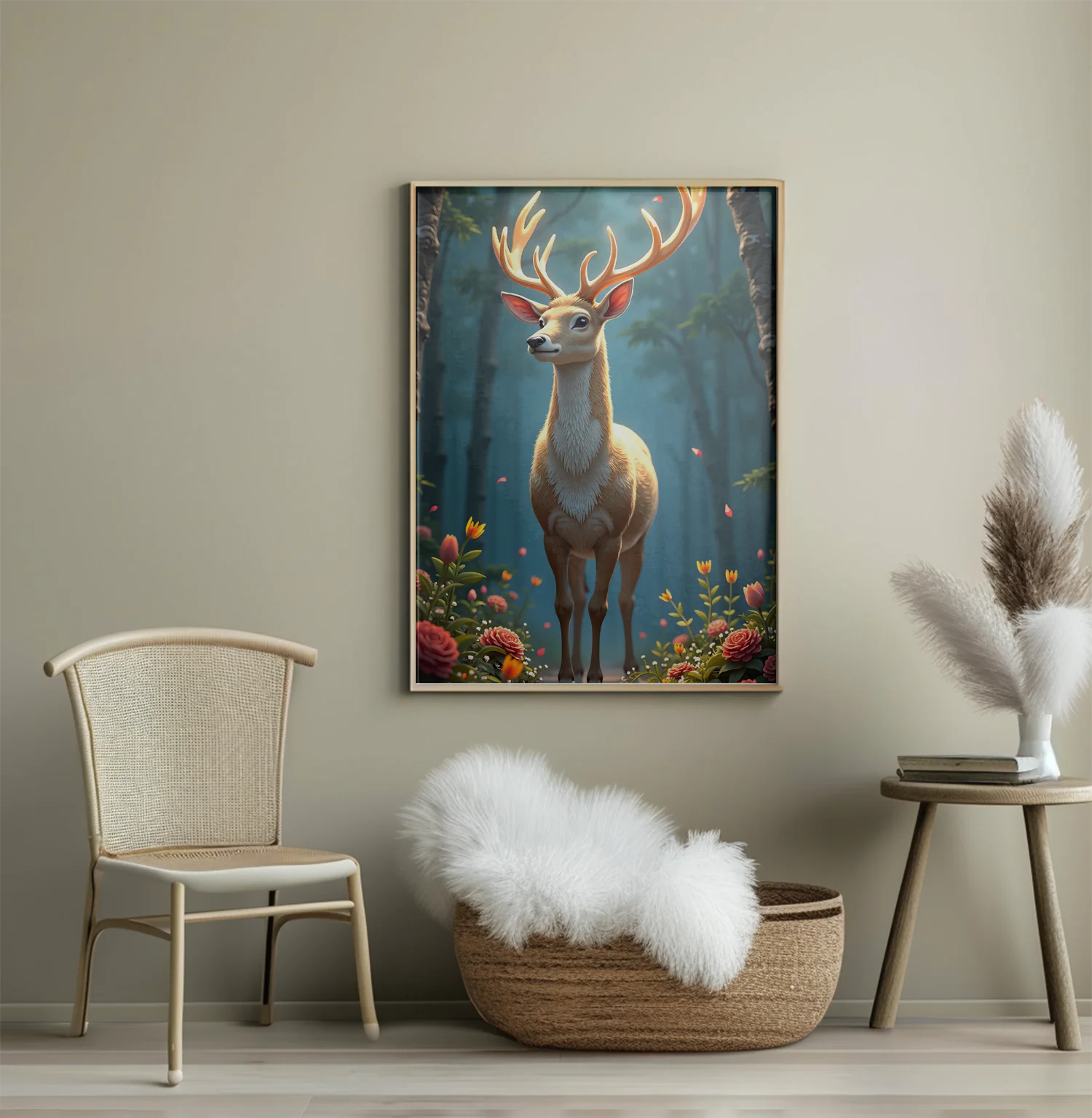 Charming Deer Surrounded by Vibrant Flowers in a Magical Forest Setting