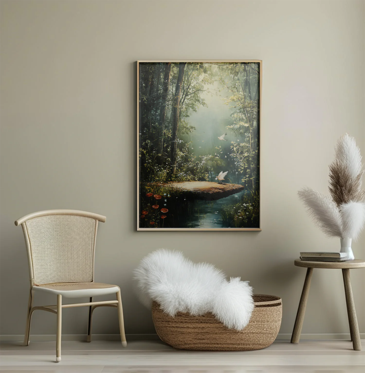 Serene Forest Haven with Gentle Waters and Dancing Birds
