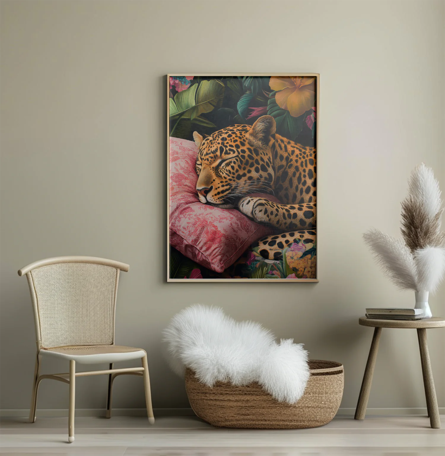 Sleeping Leopard on Floral Pillow Art Print for Nature Lovers and Home Decor Enthusiasts