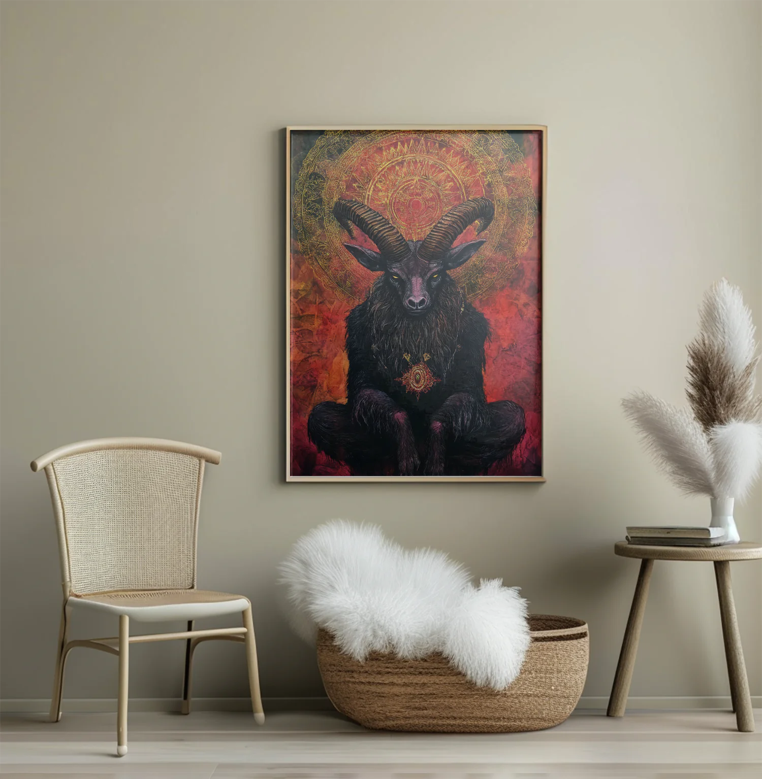 Mystical Black Goat with Golden Mandala Artwork for Dark Aesthetic Home Decor