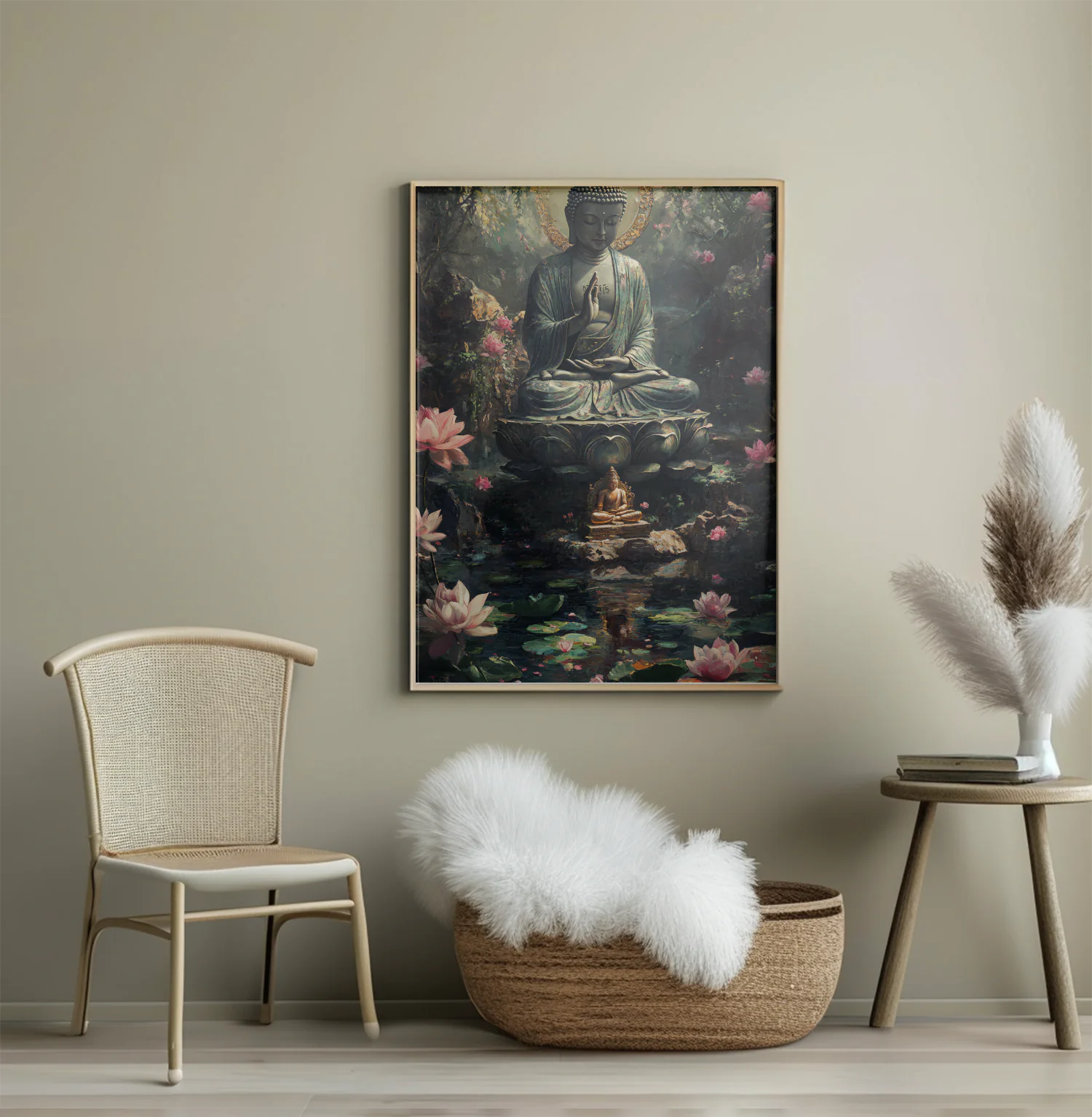 Tranquil Buddha Statue Surrounded by Serene Lotus Pond and Lush Nature