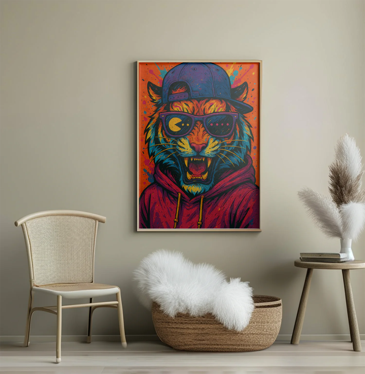 Vibrant Urban Tiger: Colorful Graphic Tee with Sunglasses and Cap Design