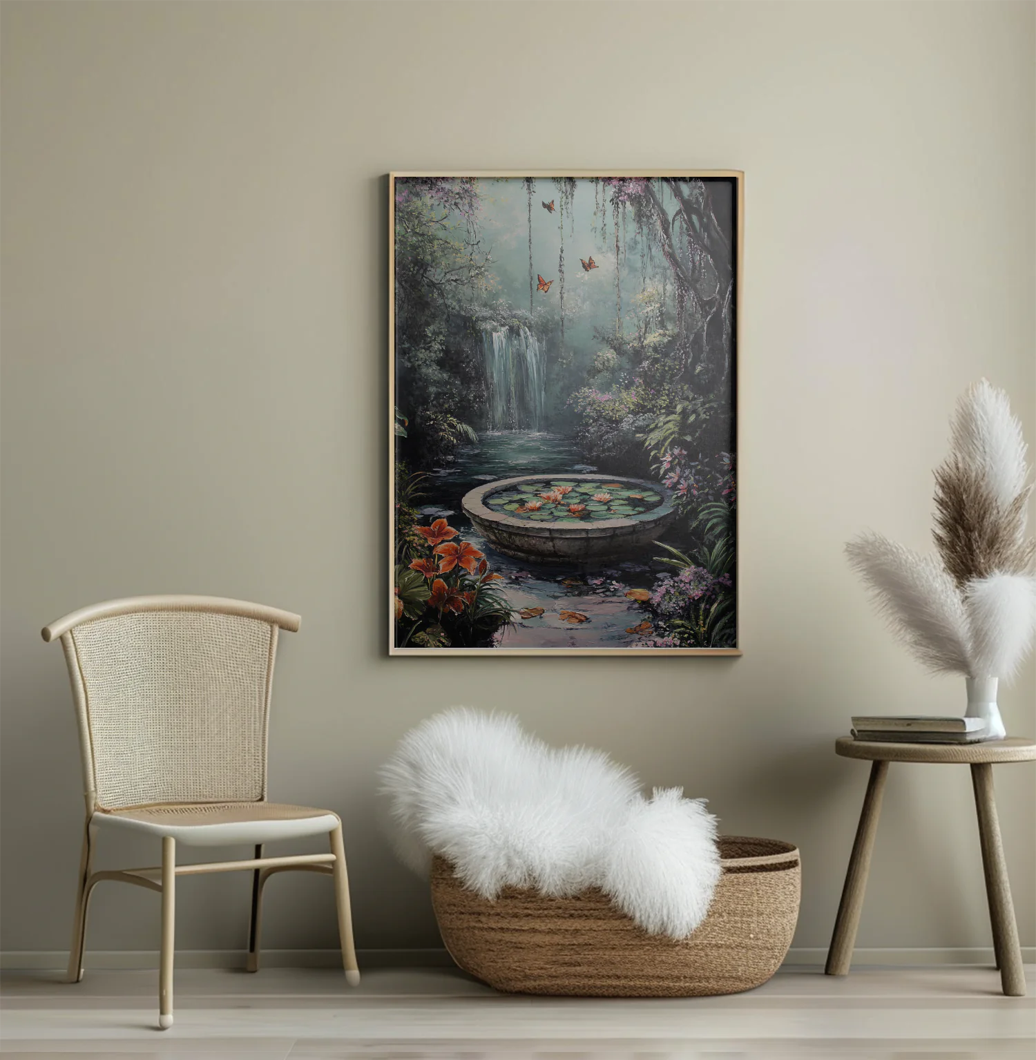 Tranquil Garden Oasis with Waterfall and Colorful Butterflies