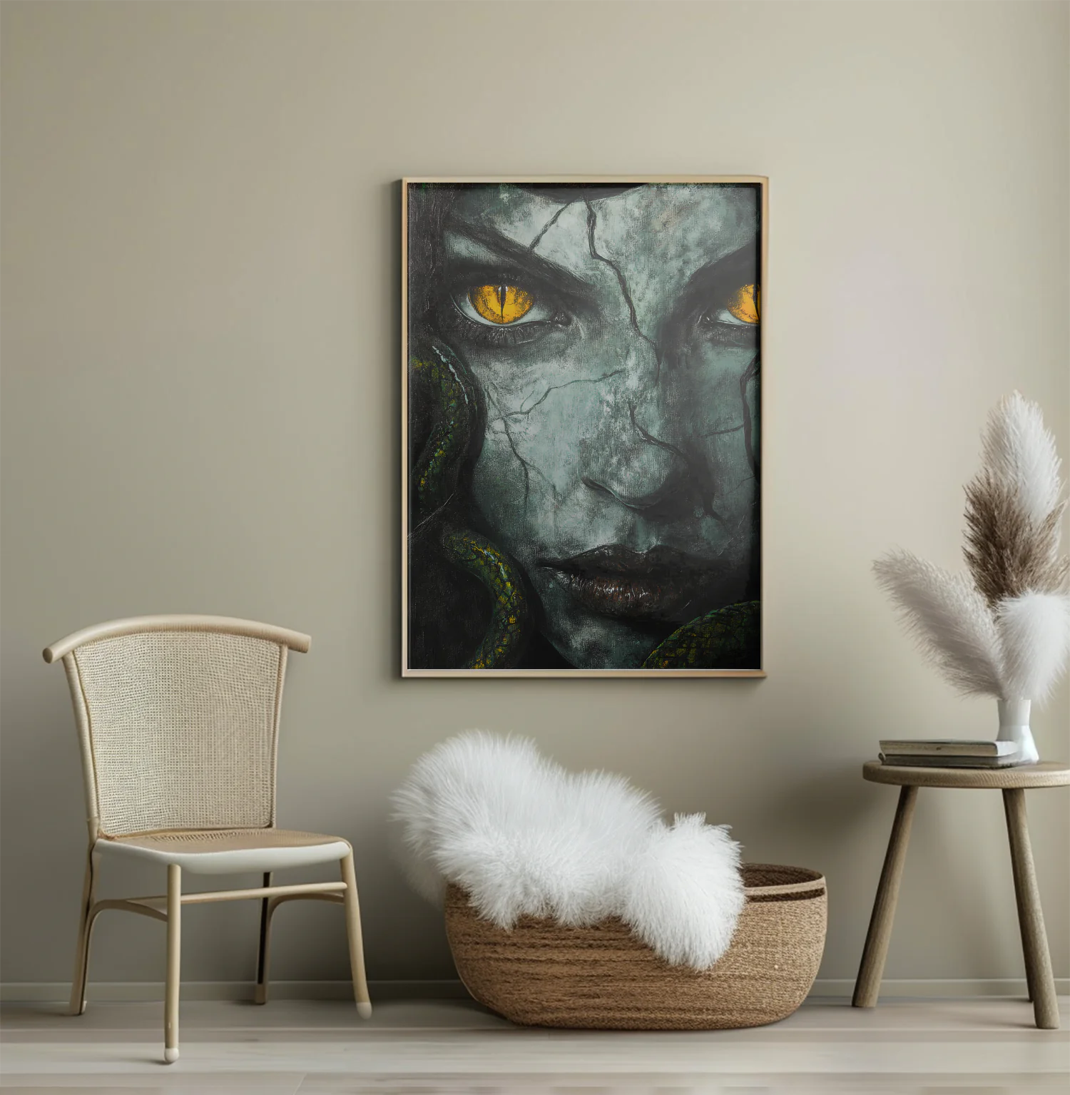 Enchanting Serpent Queen Art Print with Mesmerizing Amber Eyes