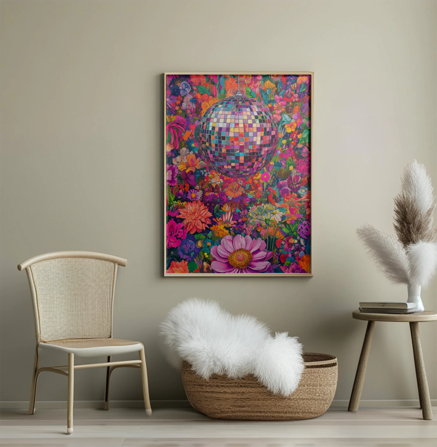 Vibrant Floral Disco Ball Art Print for Colorful Home Décor