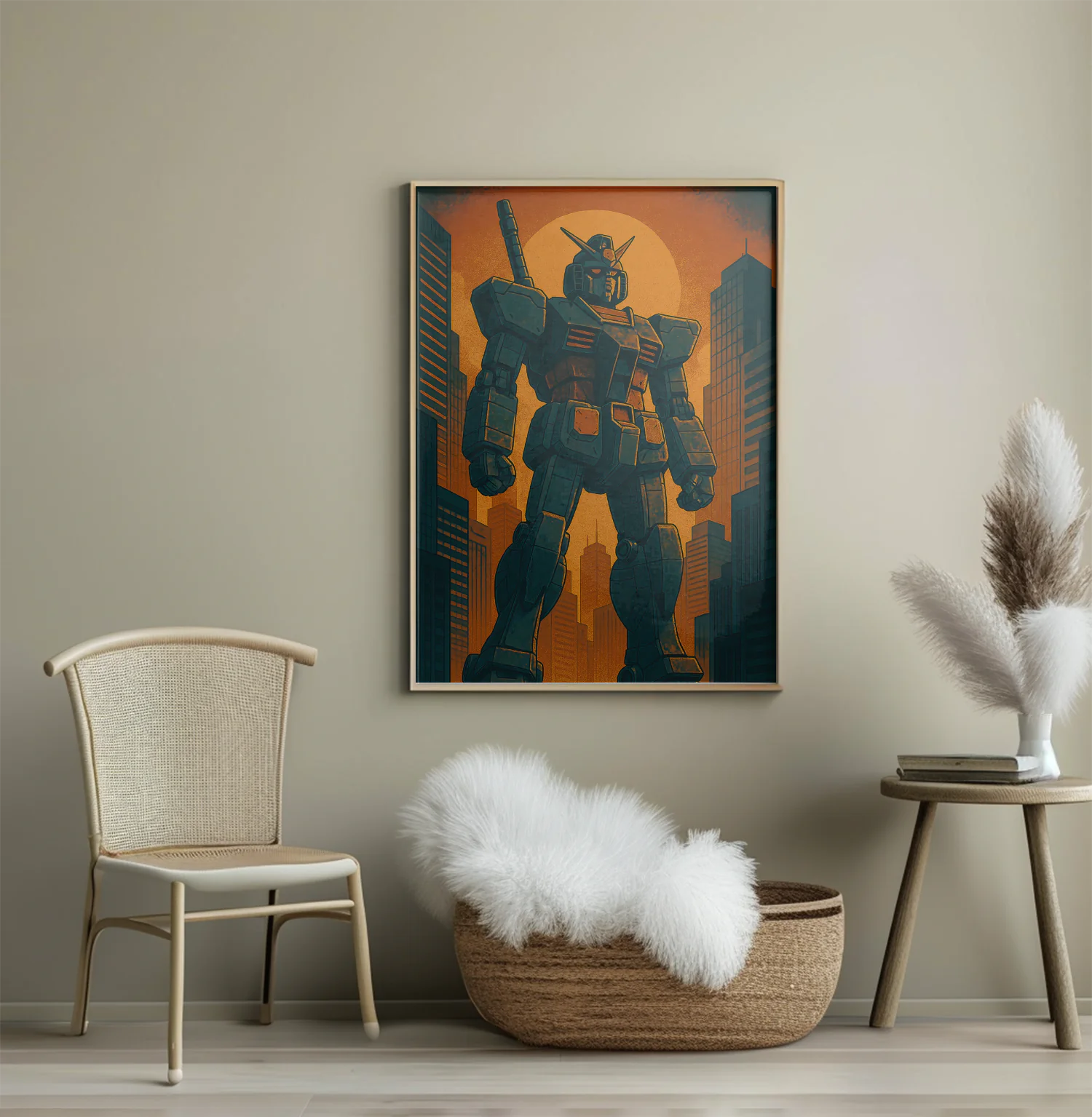 Epic Mecha Warrior in Urban Sunset - Retro Style Poster Art