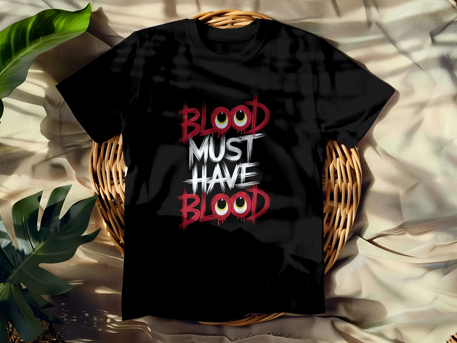 Blood Must Have Blood T-Shirt Design with Creepy Eyeballs and Dripping Text