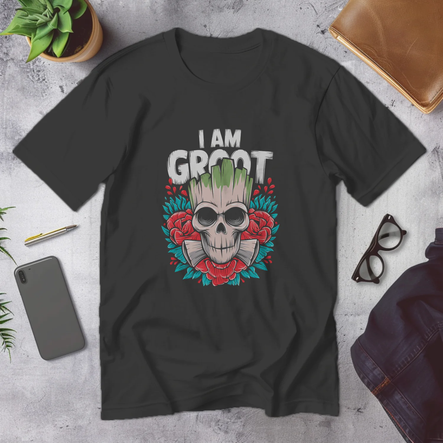 I Am Groot Skull Floral Design T-Shirt Grafik
