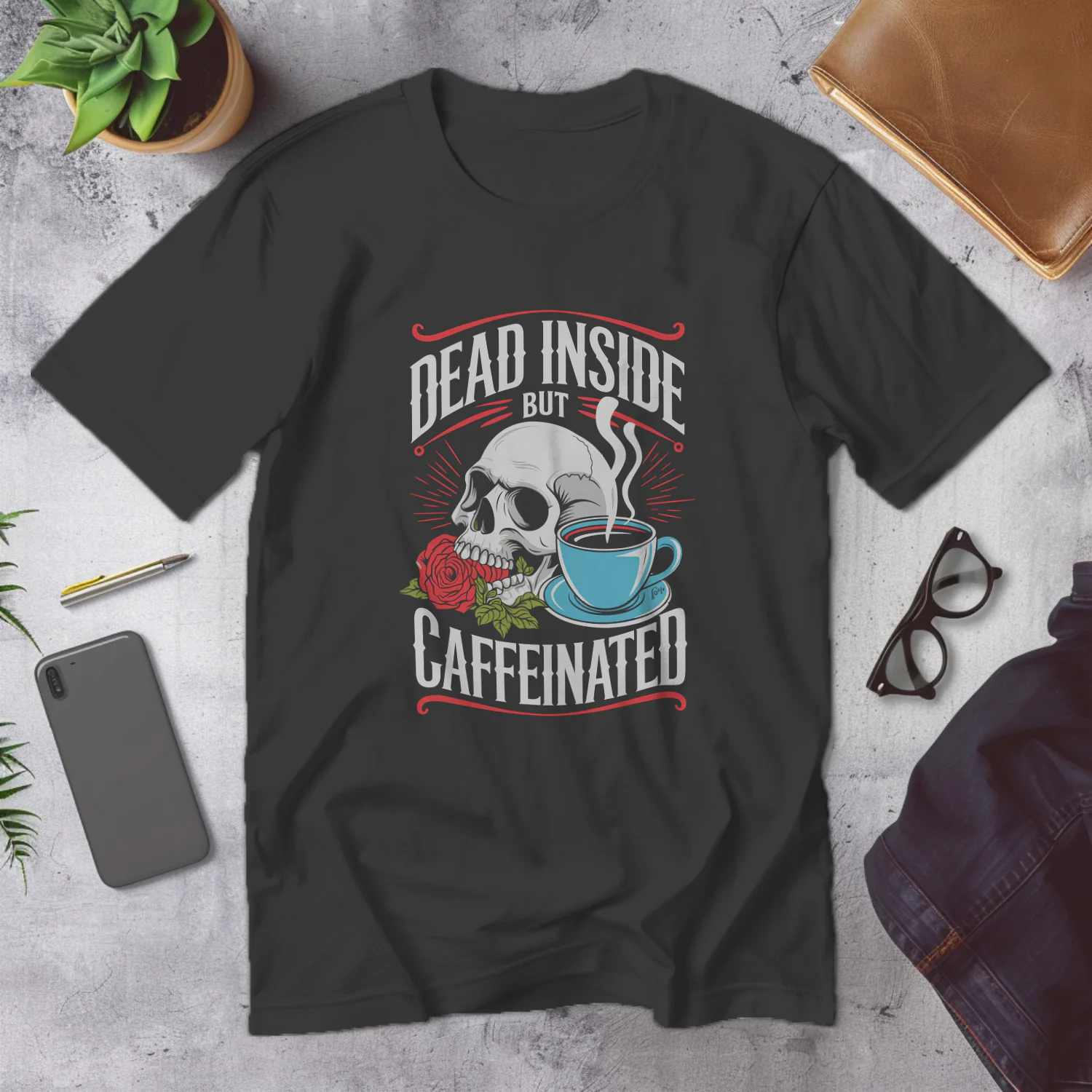 Dead Inside But Caffeinated Skull Coffee T-Shirt Design