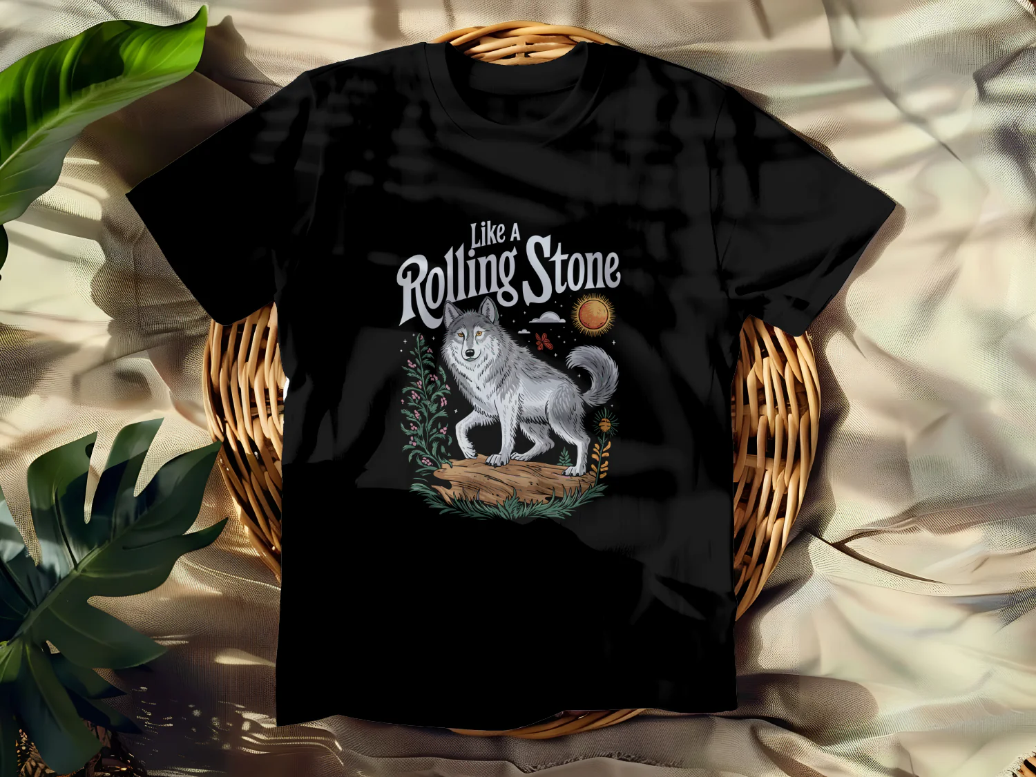 Like a Rolling Stone Wolf T-Shirt Design for Nature Lovers and Music Fans