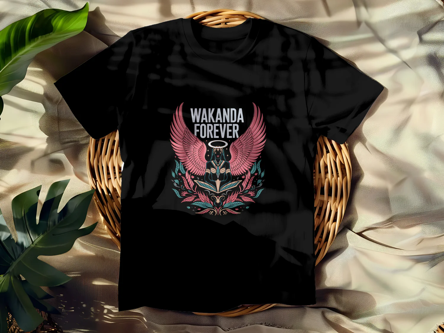 Wakanda Forever Angelic T-Shirt Design with Floral Elements and Radiant Wings