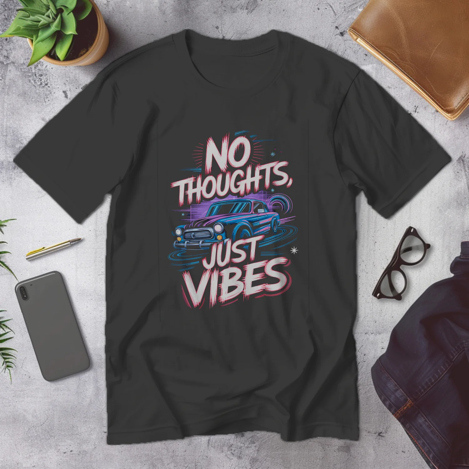 No Thoughts Just Vibes Retro Car Graphic Tee