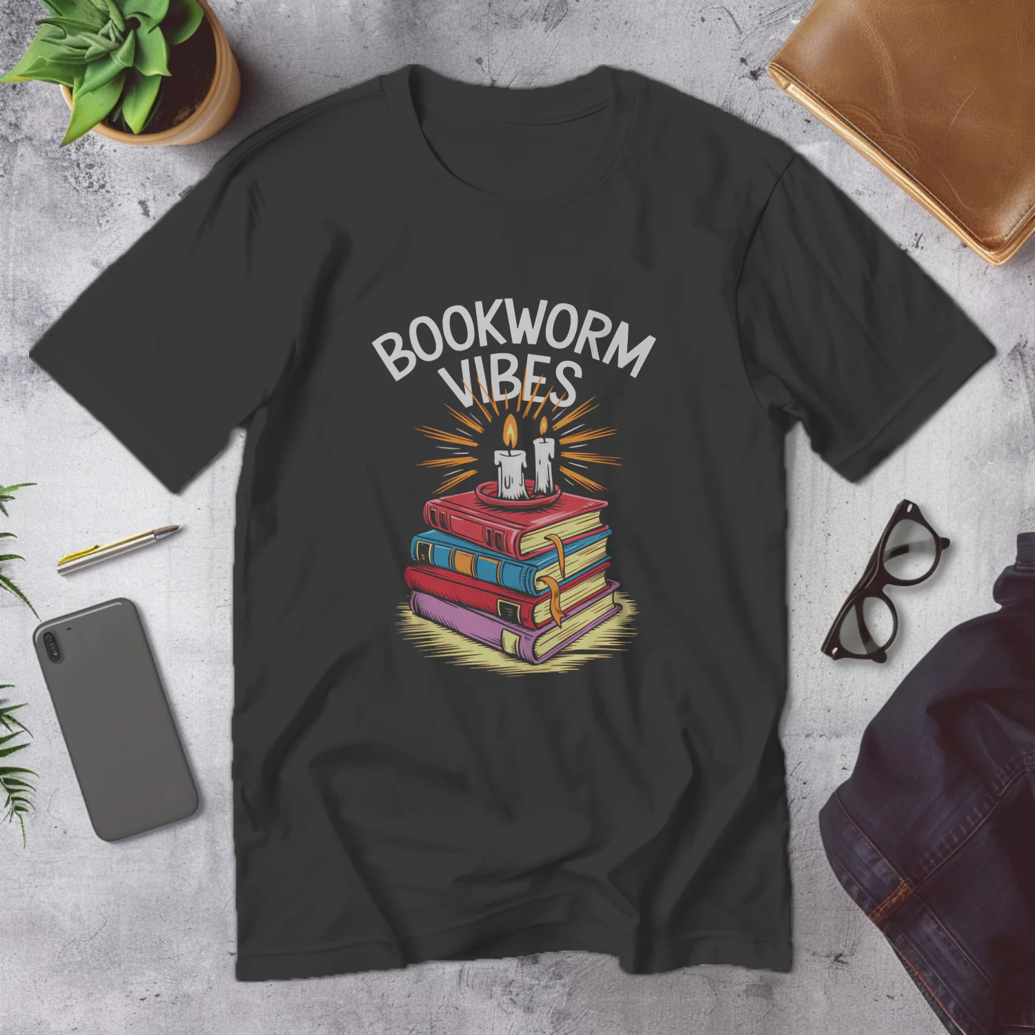 Cozy Bookworm Vibes Candlelit Reading Stack T-Shirt