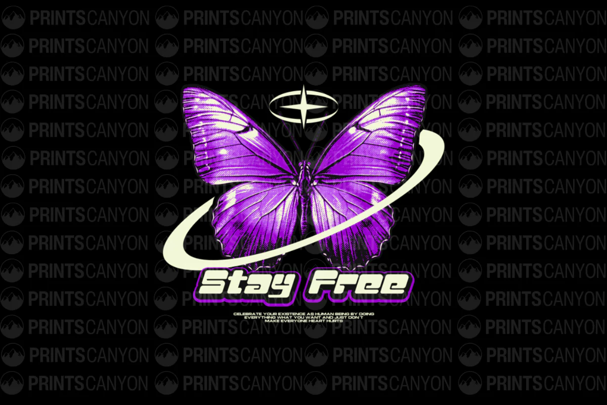 Purple Butterfly "Stay Free" Graphic Tee Celebrating Individuality and Self-Expression