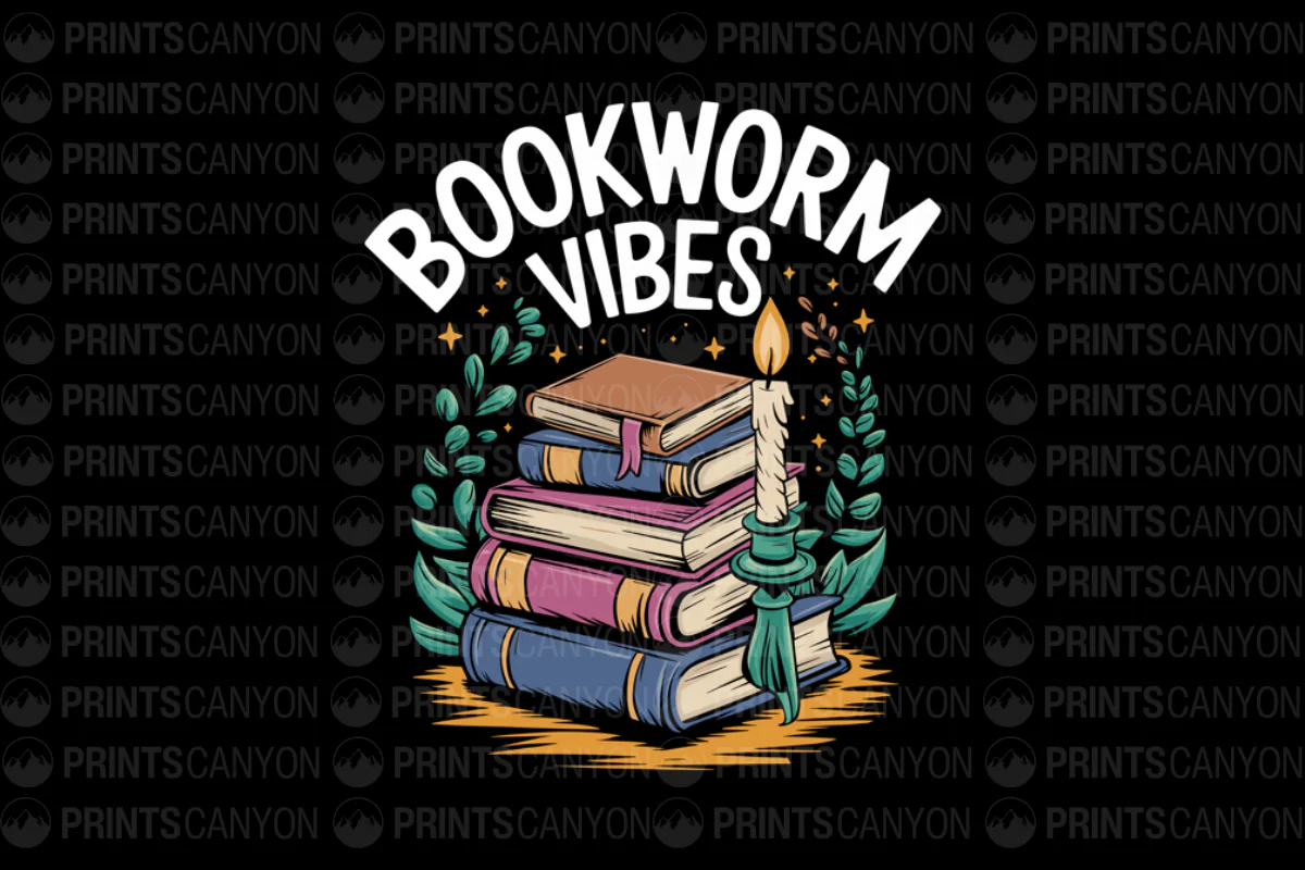 Bookworm Vibes Cozy Candle and Book Stack Design T-Shirt or Tote Bag