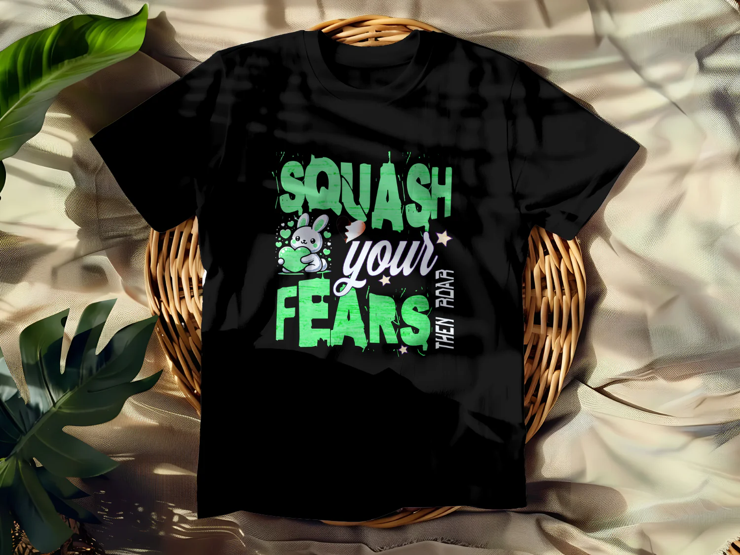 Squash Your Fears Then Roar T-Shirt Design with Cute Bunny and Hearts