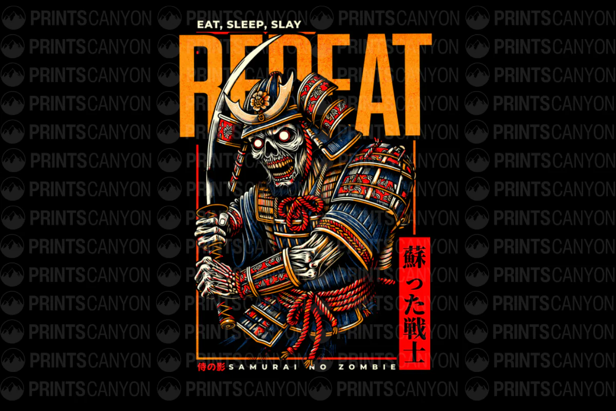 Samurai Zombie T-Shirt Design Eat Sleep Slay Repeat Graphic Art