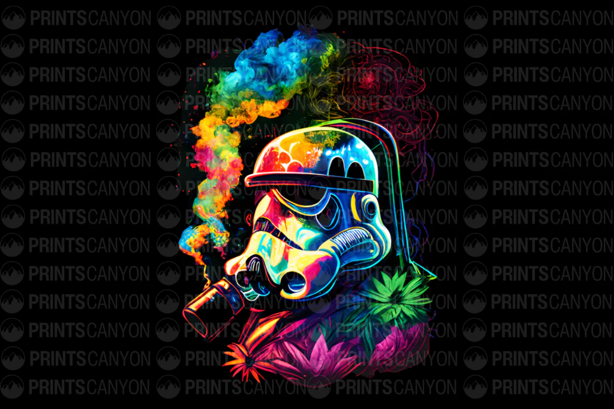 Colorful Stormtrooper T-Shirt Design with Vibrant Smoke and Floral Elements