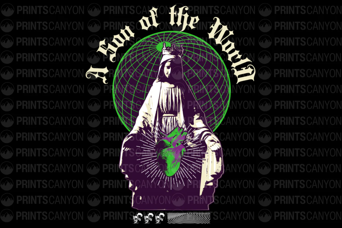 A Son of the World T-Shirt Design with Crowned Figure and Heart Graphic