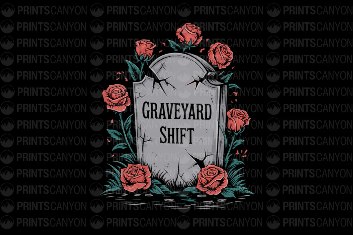 Graveyard Shift T-Shirt Design with Roses and Tombstone Graphic