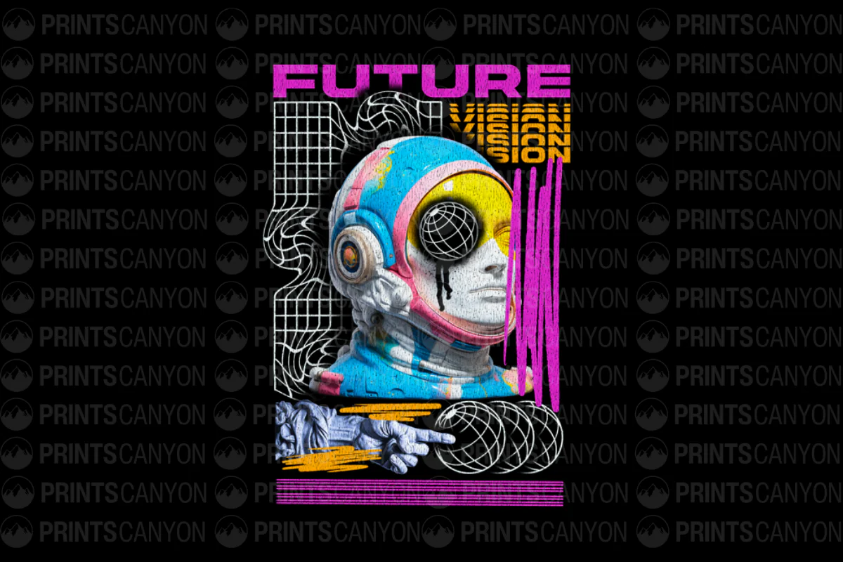 Futuristic Vision T-Shirt Design with Colorful Astronaut Graphic and Abstract Elements
