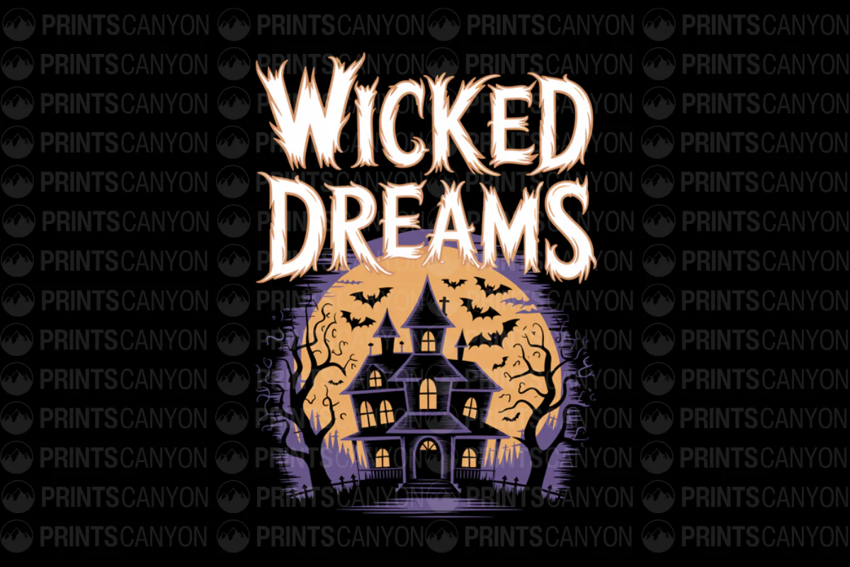 Wicked Dreams Spooky Halloween T-Shirt Design with Haunted House and Bats