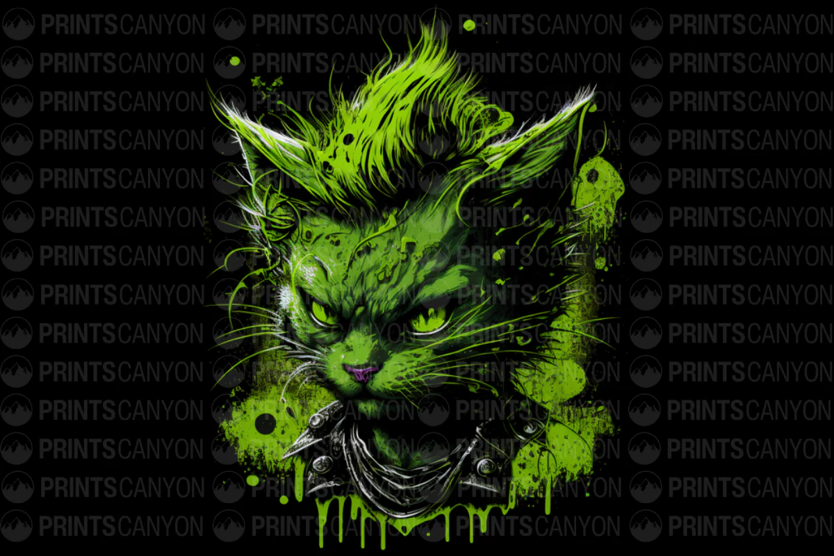 Punk Cat Graphic Tee Design with Neon Green Splatter Art