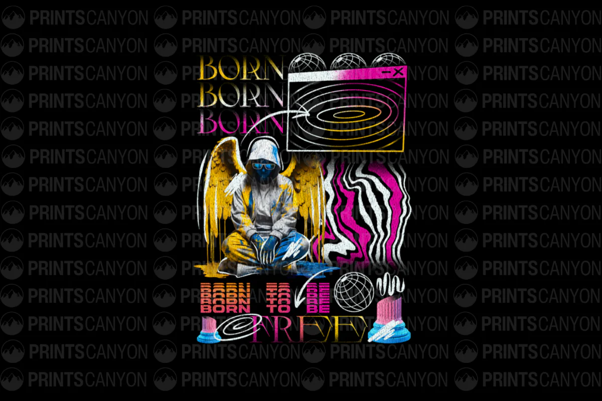 Born to be Free T-Shirt Design with Colorful Retro Elements and Angelic Imagery