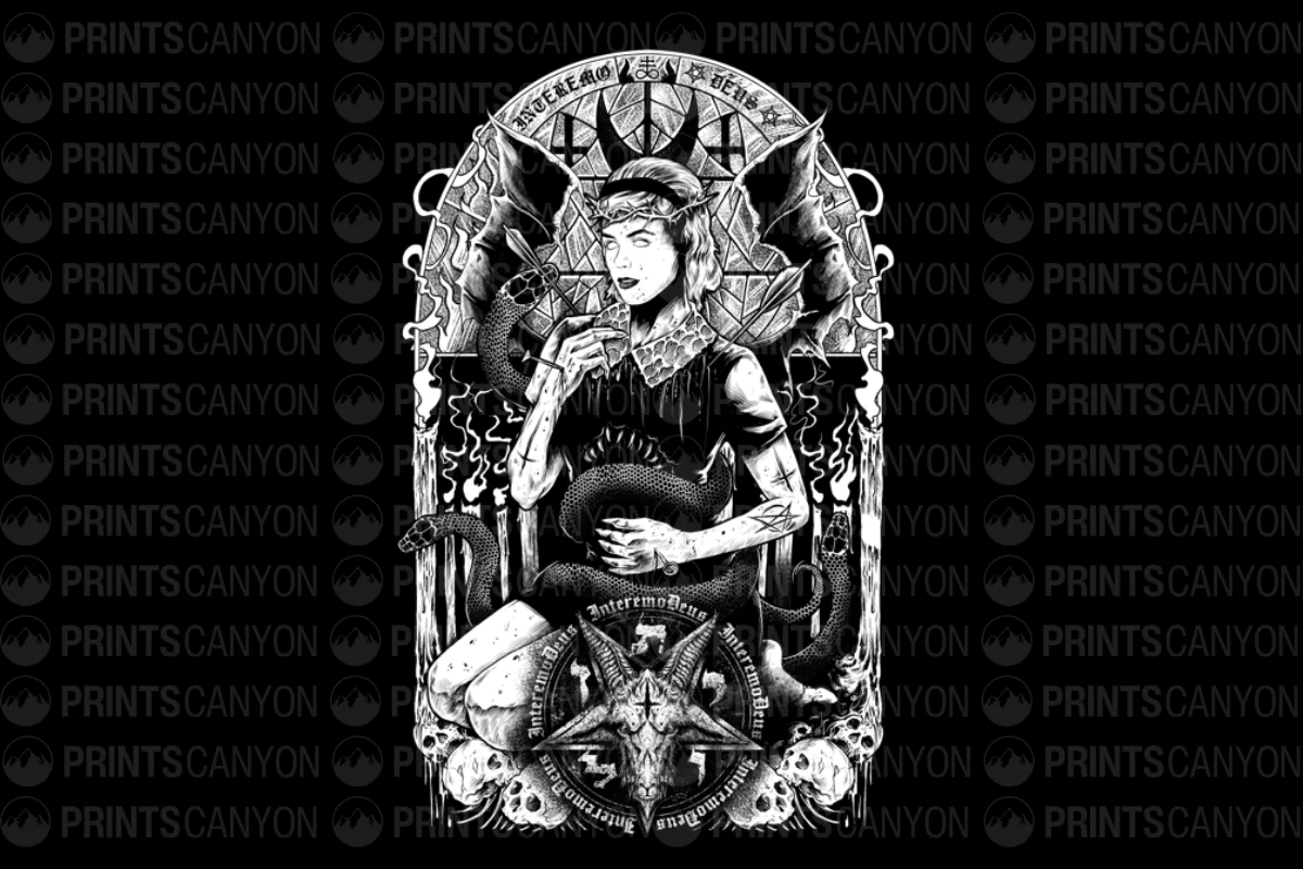 Occult Goddess T-Shirt Design with Serpent and Demonic Elements in Monochrome Artwork