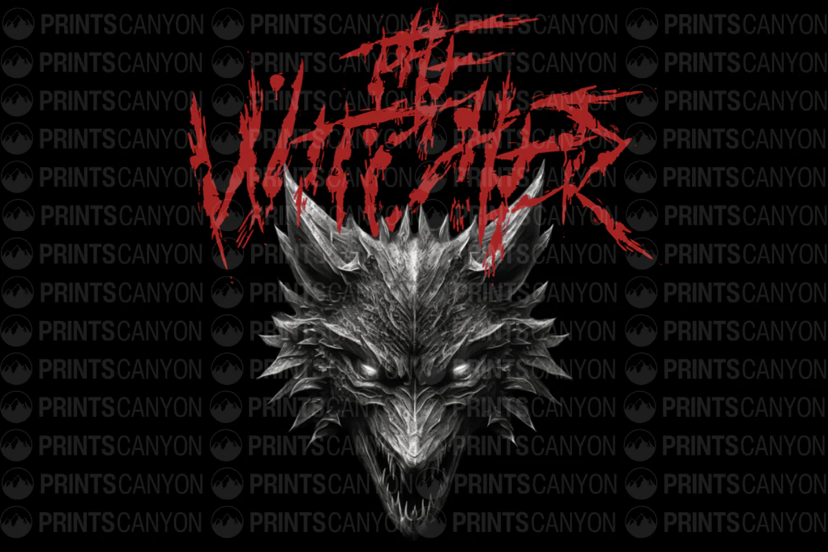 The Witcher Graphic T-Shirt Design with Fierce Wolf Emblem and Bold Red Title