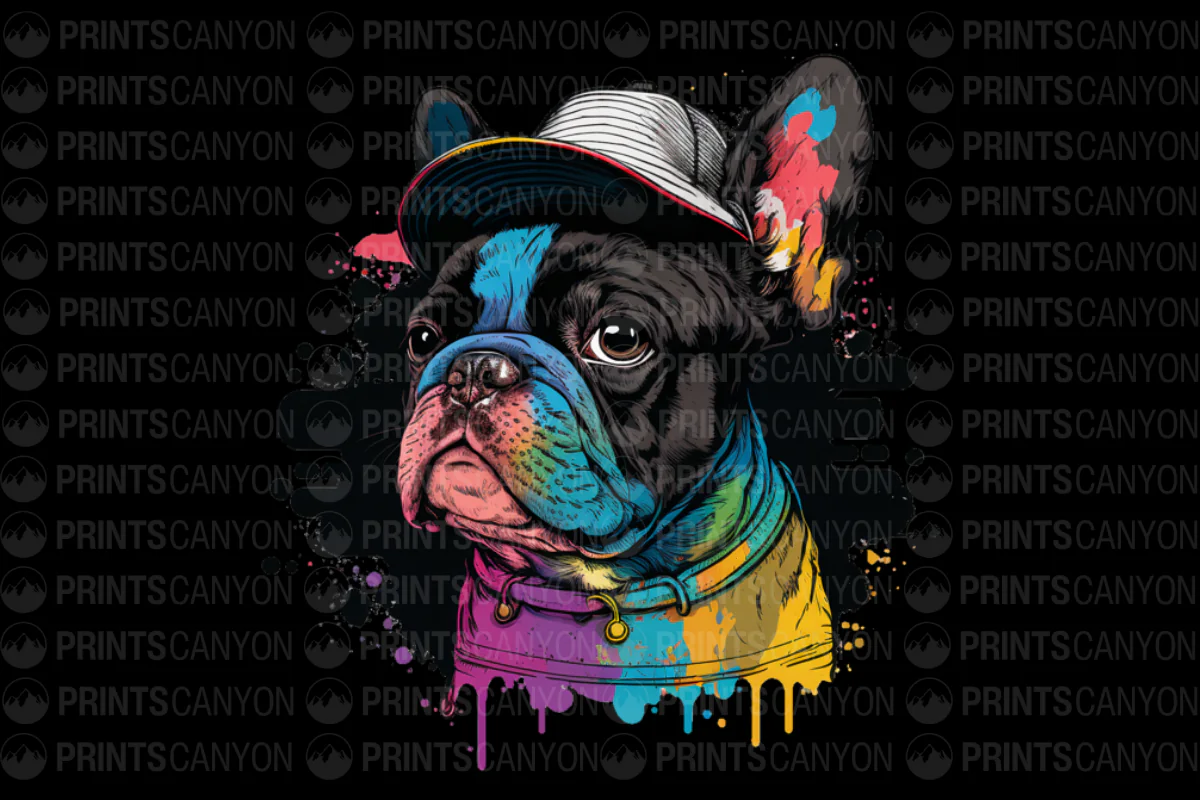 Colorful French Bulldog T-Shirt Design with Cap and Artistic Splash Effects